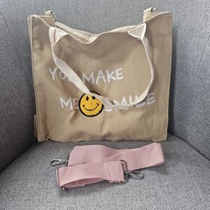 Smile Canvas Tote Bag Shoulder Crossbody Strap Fabric Shopper Purse Handbag